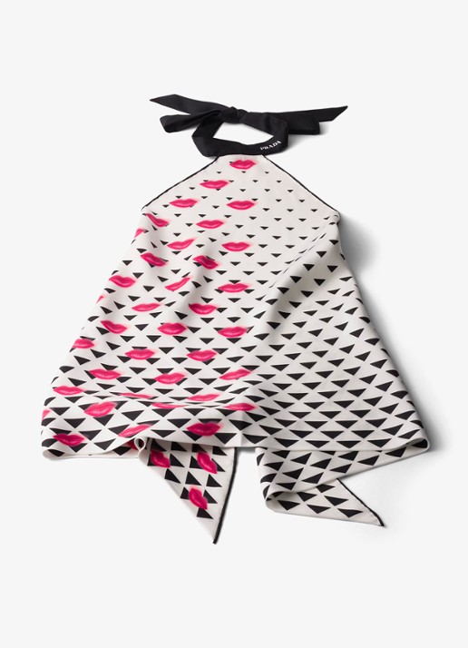 Prada Haltertop van zijde met print en rugdecolleté - voorkant zwart