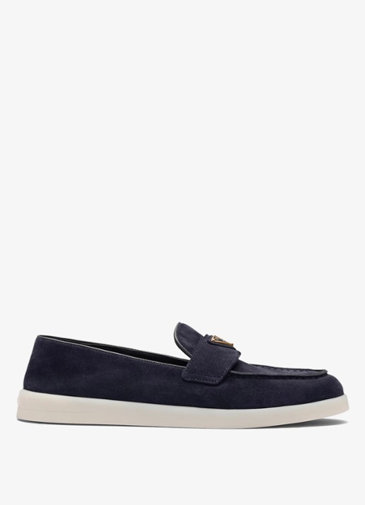 Prada Loafer van suède met logo - voorkant donkerblauw