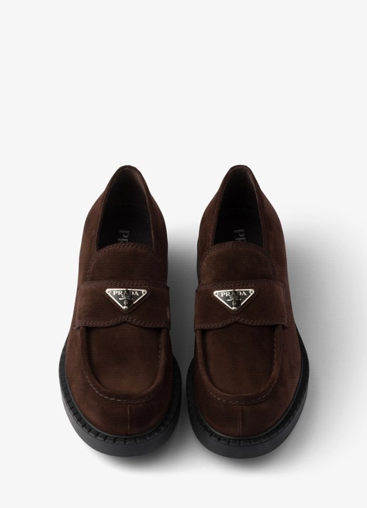 Prada Loafer van suède met logo - detail 3 donkerbruin