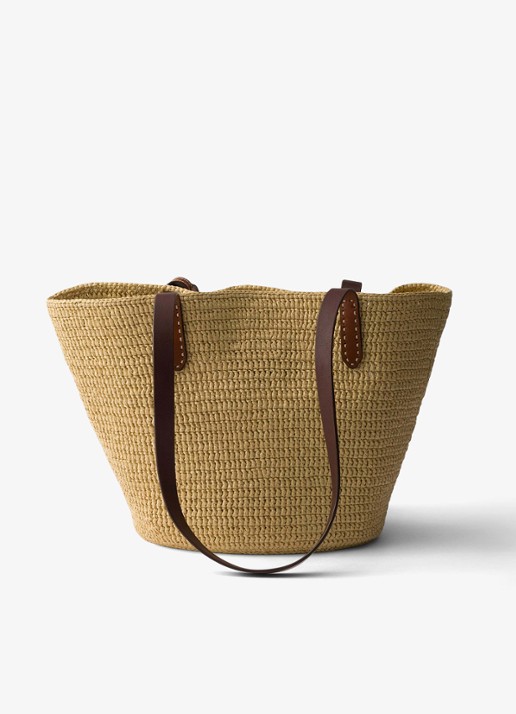 Prada Medium shopper van crochet met leren details en logo - achterkant beige