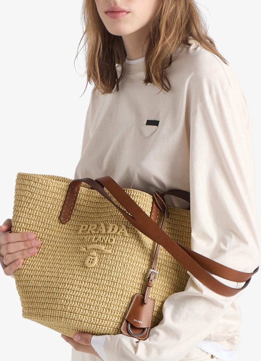 Prada Medium shopper van crochet met leren details en logo - detail 4 beige