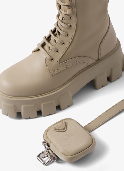 Prada Monolith Re-Nylon biker boot van leer - detail 6 donkerbeige