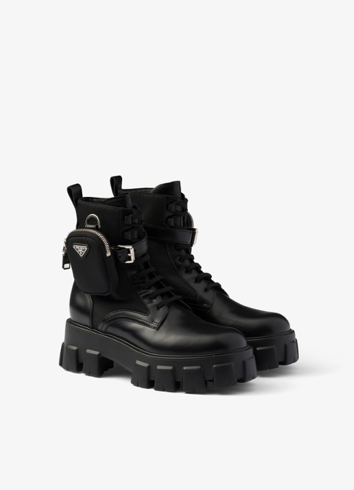 Prada Monolith Re-Nylon biker boot van leer - detail 3 zwart