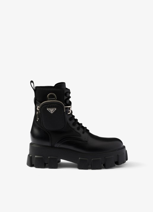 Prada Monolith Re-Nylon biker boot van leer - voorkant zwart