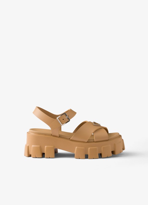 Prada Monolith sandaal van rubber met logo - voorkant 3 camel