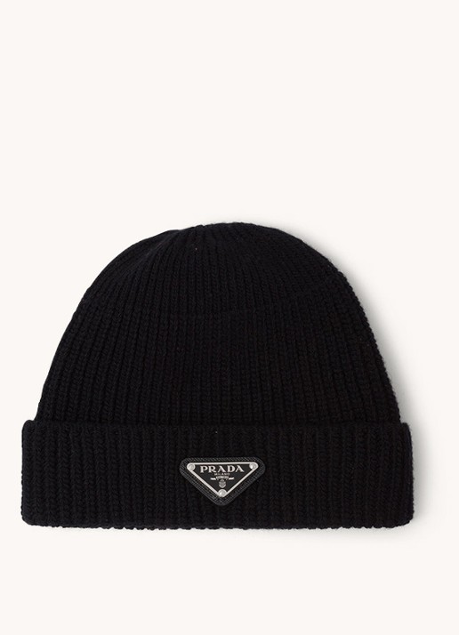Prada Muts in kasjmierblend met logo - voorkant 2 zwart