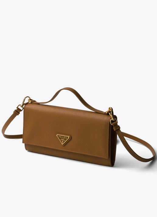 Prada Portemonnee van kalfsleer met afneembare schouderriem - voorkant 2 camel