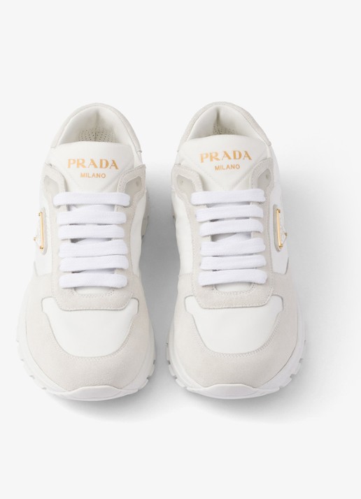 Prada Prax 2.0 Re-Nylon sneaker met suède details - detail 4 gebroken wit
