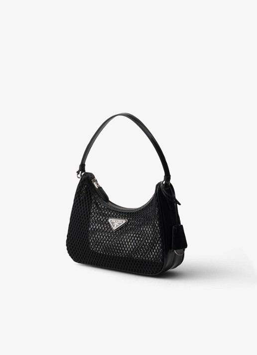 Prada Re-Edition 2005 schoudertas van mesh met leren details - voorkant 6 zwart
