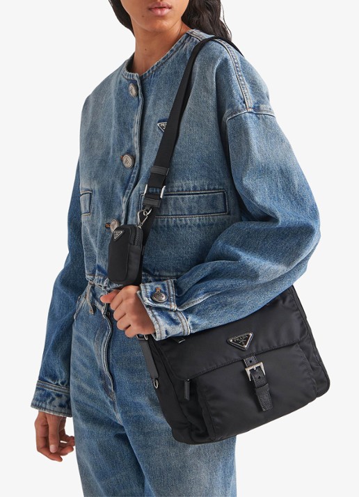Prada Re-Nylon schoudertas met leren details - voorkant 2 zwart