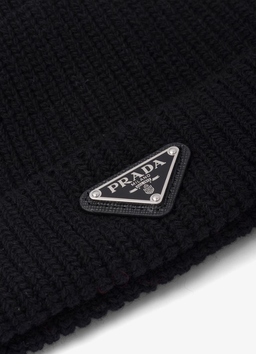 Prada Ribgebreide muts in kasjmierblend met logo - detail 2 zwart