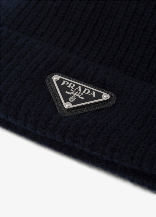 Prada Ribgebreide muts in kasjmierblend met logo - detail 2 donkerblauw