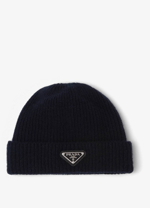 Prada Ribgebreide muts in kasjmierblend met logo - voorkant donkerblauw