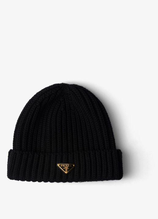Prada Ribgebreide muts van scheerwol met logo