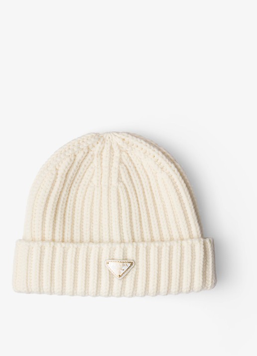 Prada Ribgebreide muts van scheerwol met logo - voorkant 2 creme