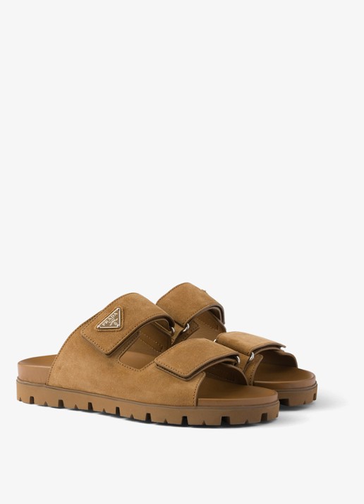 Prada Sandaal van kalfssuède - voorkant 2 camel