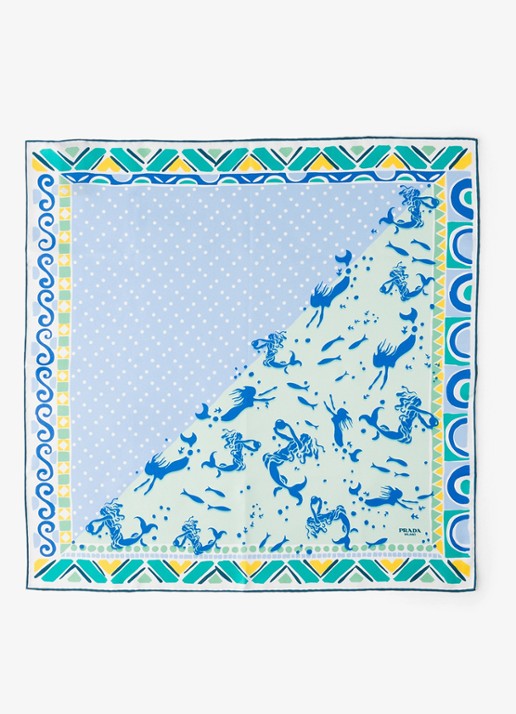 Prada Sjaal van zijde met print 55 x 55 cm - voorkant light blue