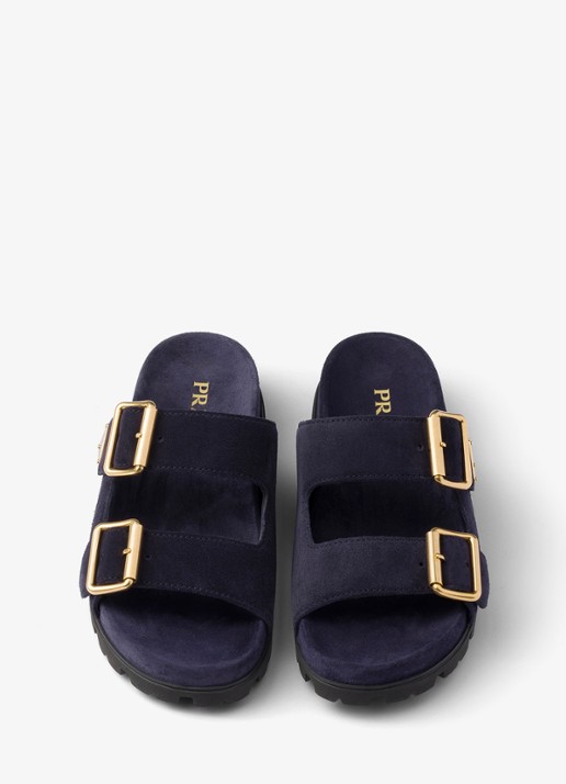 Prada Slipper van suède - detail 4 donkerblauw