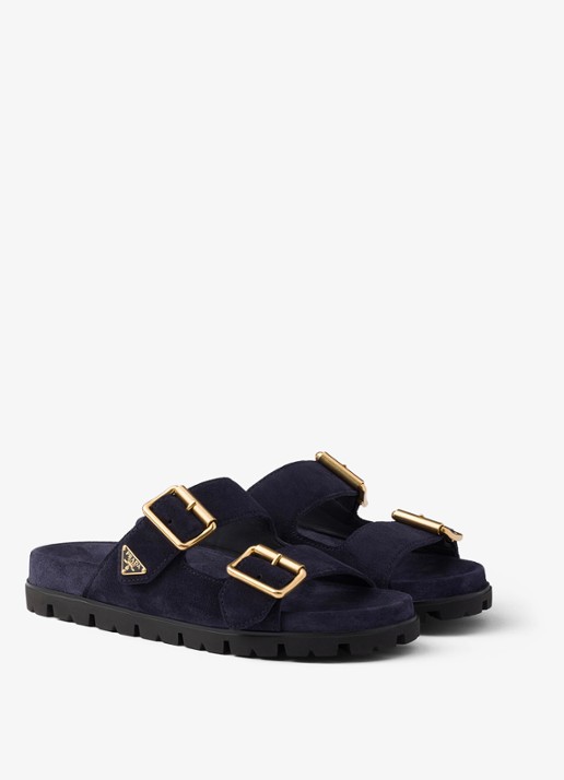 Prada Slipper van suède - voorkant donkerblauw