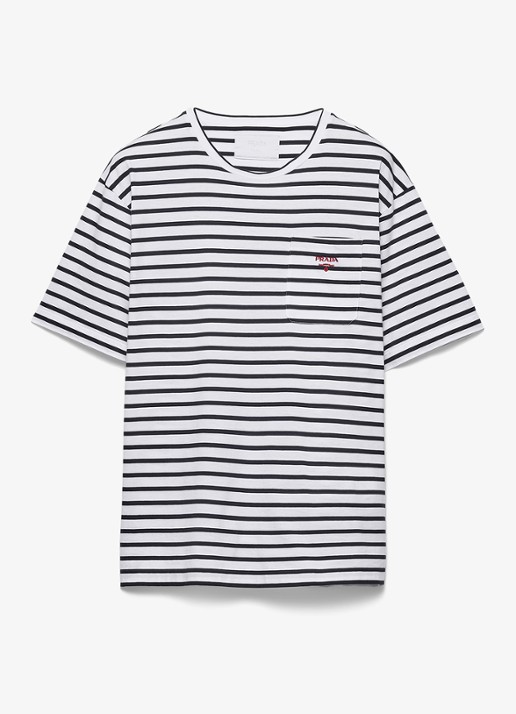 Prada T-shirt met streepprint en logoborduring - voorkant wit