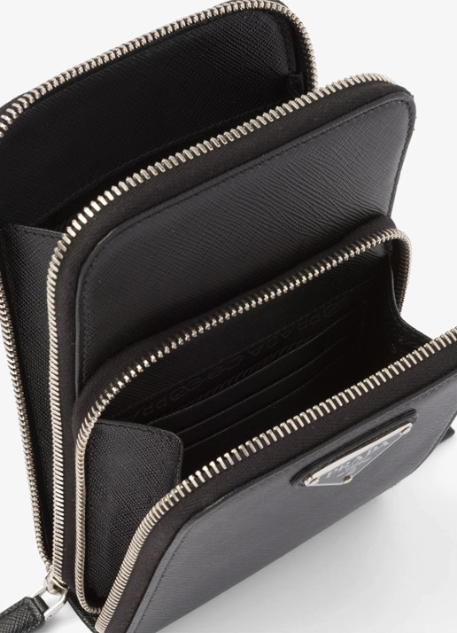 Prada Telefoonhoes van leer met afneembare schouderriem - detail 2 zwart