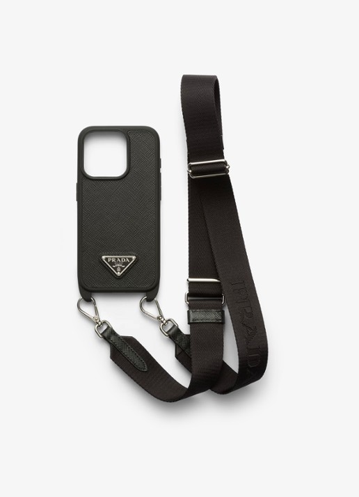 Prada Telefoonhoes van leer voor iPhone 15 Pro - voorkant zwart