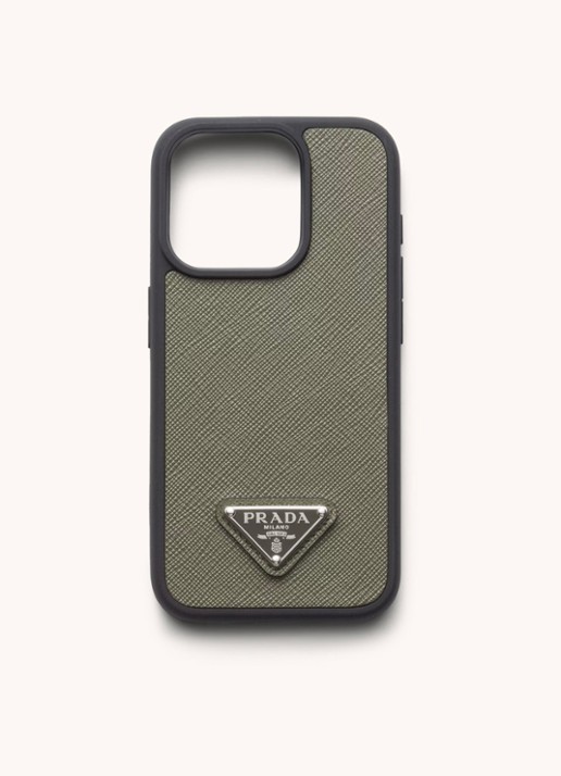 Prada Telefoonhoes van leer voor iPhone 15 Pro - voorkant 2 olijfgroen