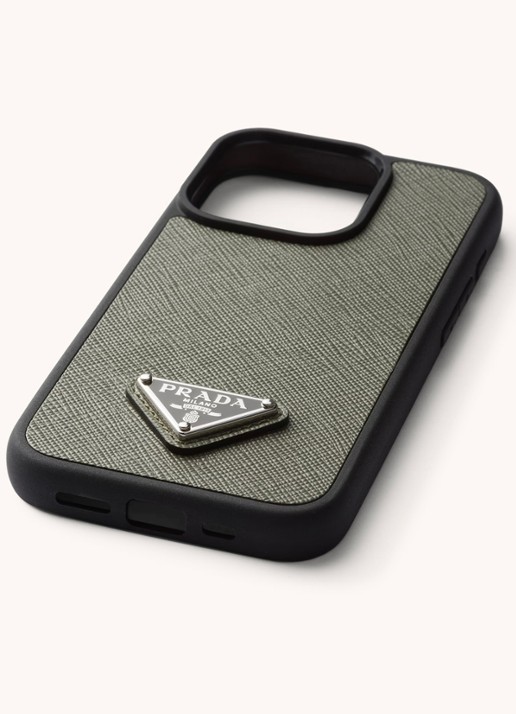 Prada Telefoonhoes van leer voor iPhone 15 Pro - voorkant 3 olijfgroen