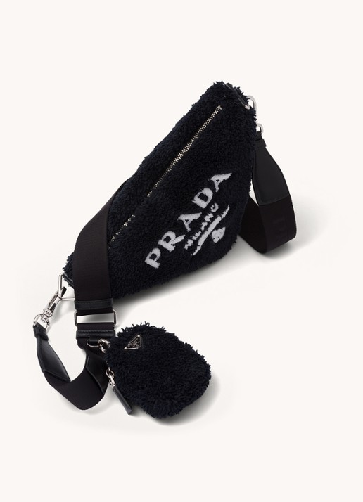 Prada Triangle Terrycloth schoudertas met schapenvacht - voorkant 2 zwart