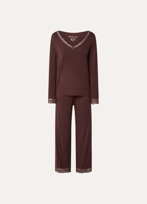 Pretty You Bamboo pyjamaset met details van kant - voorkant donkerbruin