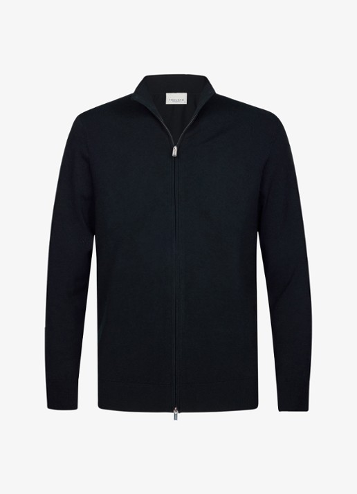 Profuomo Fijngebreid vest in zijdeblend met opstaande kraag - voorkant donkerblauw