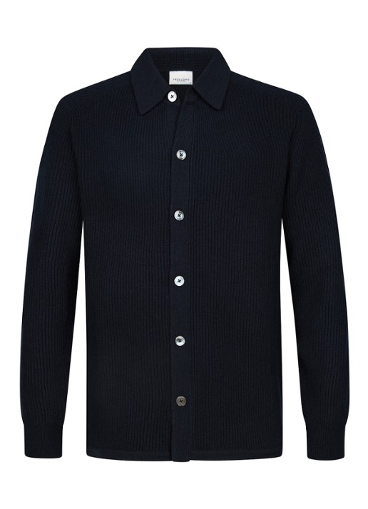 Profuomo Fijngebreid vest van wol met ribstructuur - voorkant donkerblauw