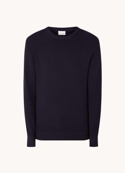 Profuomo Fijngebreide pullover met ronde hals - voorkant 3 donkerblauw