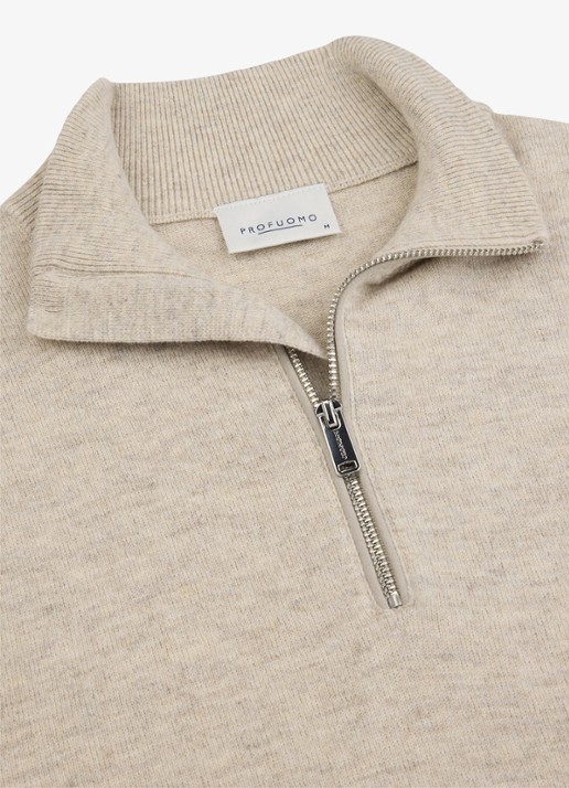 Profuomo Fijngebreide trui in wolblend met halve rits - detail 4 beige