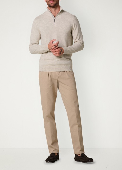 Profuomo Fijngebreide trui in wolblend met halve rits - voorkant 2 beige