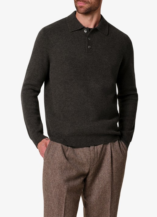 Profuomo Fijngebreide trui in wolblend met polokraag - detail 3 donkerbruin