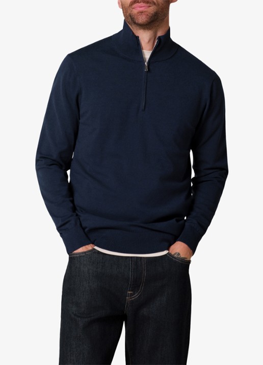 Profuomo Fijngebreide trui in zijdeblend met halve rits - detail 2 donkerblauw