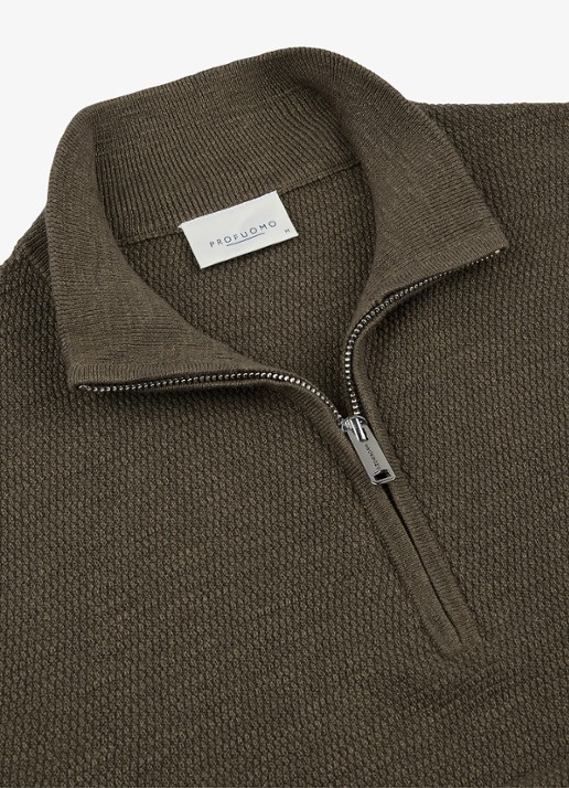 Profuomo Fijngebreide trui met halve rits - detail 4 bruin