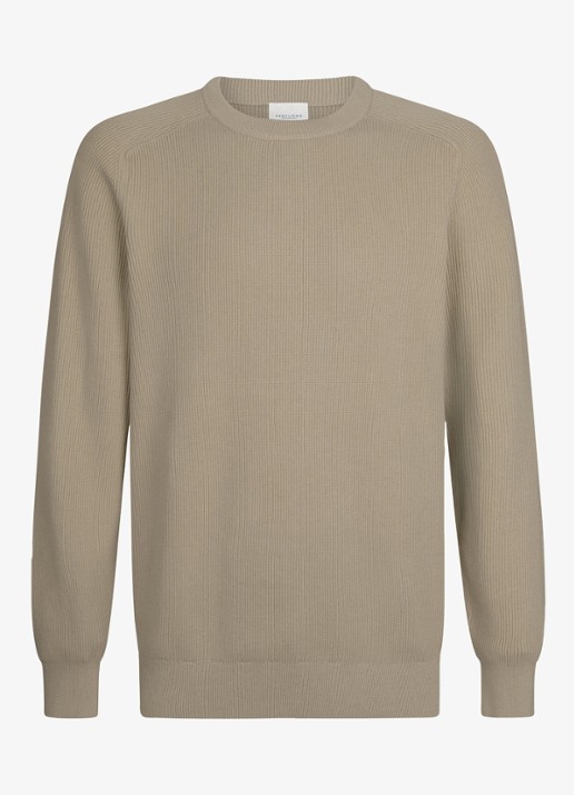 Profuomo Fijngebreide trui met ribstructuur - voorkant beige