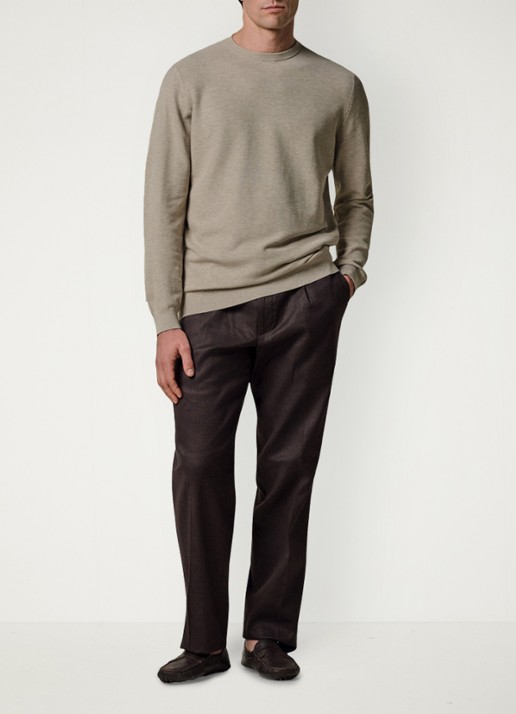 Profuomo Fijngebreide trui met ronde hals - voorkant 5 beige