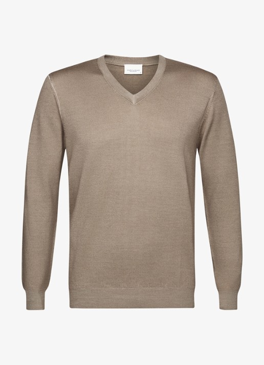 Profuomo Fijngebreide trui van merinowol met V-hals - voorkant 2 beige