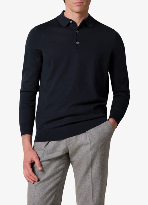 Profuomo Fijngebreide trui van wol met polokraag - detail 3 donkerblauw