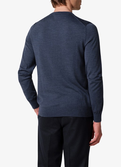 Profuomo Fijngebreide trui van wol met ronde hals - achterkant 4 donkerblauw