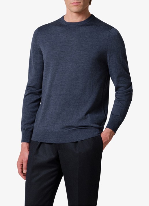 Profuomo Fijngebreide trui van wol met ronde hals - detail donkerblauw
