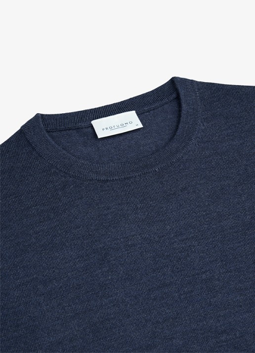 Profuomo Fijngebreide trui van wol met ronde hals - detail 2 donkerblauw