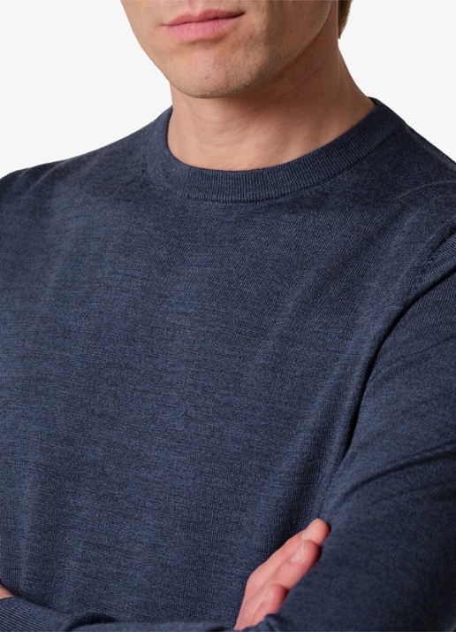 Profuomo Fijngebreide trui van wol met ronde hals - detail 3 donkerblauw