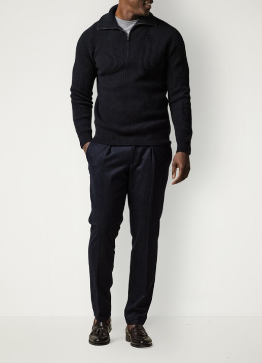 Profuomo Grofgebreide schippertrui van wol - voorkant 5 donkerblauw