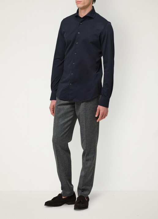 Profuomo Japanese knitted regular fit overhemd met cut away kraag - voorkant donkerblauw