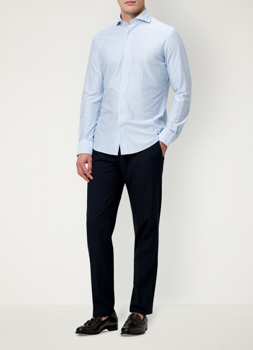 Profuomo Japanese Knitted slim fit overhemd met streepprint - voorkant 3 lichtblauw