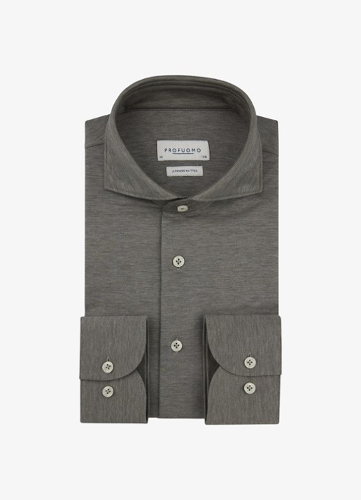 Profuomo Japanese knitted slim fit shirt - voorkant middenbruin